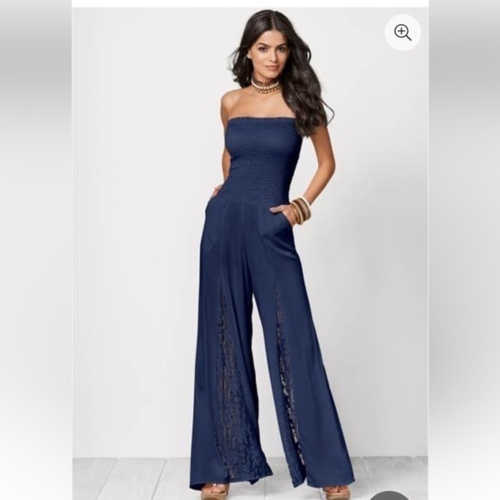 Venus Blush Smocked Bandeau Wide Leg Jumpsuit with Lace Detail